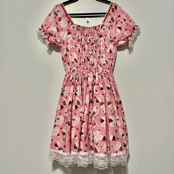 Handmade Womens Puff Sleeve Cupcake Dress S Pink Kawaii Coquette Harajuku Kitsch - Picture 2 of 6